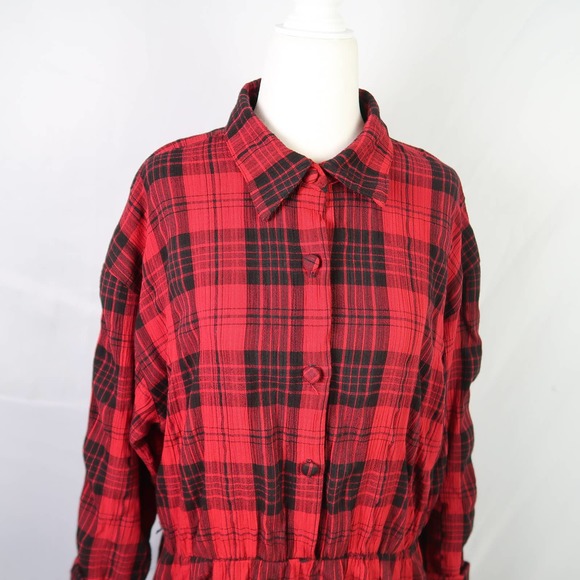Vintage 80s Lew Magram red and black plaid midi shirt dress 14 - Picture 2 of 8